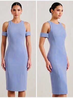Mugler Blue Fitted Side Slit Shoulder Cut Out Crepe Ruffle Sleeve Dress FR 40